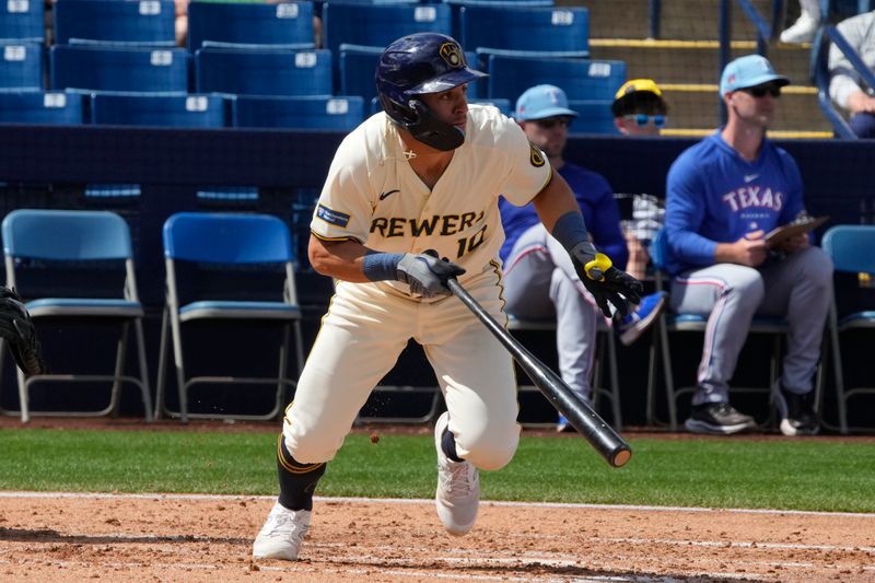 Mar 16, 2024; Phoenix, Arizona, USA; Milwaukee Brewers outfielder Sal Frelick (10) hits against the Texas Rangers in the third inning at American Family Fields of Phoenix. Mandatory Credit: Rick Scuteri-USA TODAY Sports