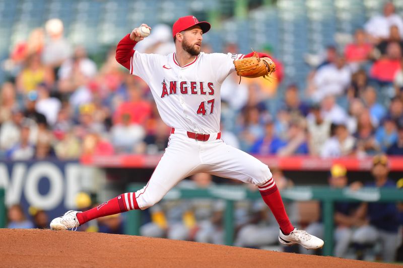 Jun 18, 2024; Anaheim, California, USA; Los Angeles Angels pitcher Griffin Canning (47) throws against the Milwaukee Brewers during the first inning at Angel Stadium. Mandatory Credit: Gary A. Vasquez-USA TODAY Sports