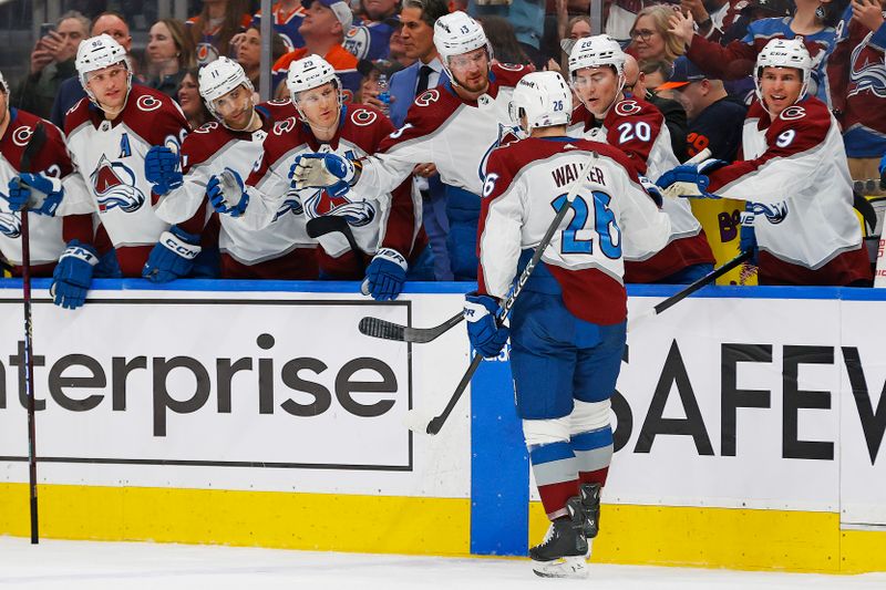 Mar 16, 2024; Edmonton, Alberta, CAN; The Colorado Avalanche celebrate a goal scored by defensemen Sean Walker (26) during the second period against the Edmonton Oilers at Rogers Place. Mandatory Credit: Perry Nelson-USA TODAY Sports