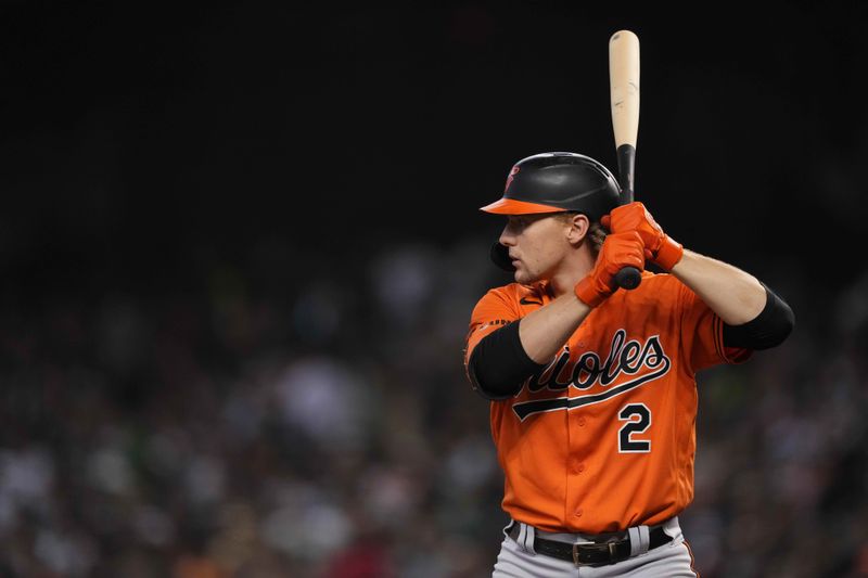 Sep 2, 2023; Phoenix, Arizona, USA; Baltimore Orioles shortstop baseman Gunnar Henderson (2) against the Arizona Diamondbacks at Chase Field. Mandatory Credit: Joe Camporeale-USA TODAY Sports