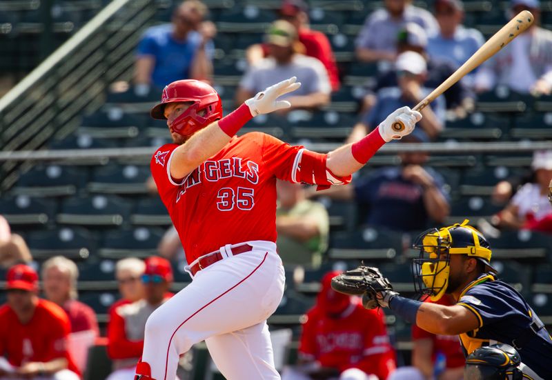 Feb 27, 2024; Tempe, Arizona, USA; Los Angeles Angels catcher Chad Wallach against the Milwaukee Brewers during a spring training game at Tempe Diablo Stadium. Mandatory Credit: Mark J. Rebilas-USA TODAY Sports