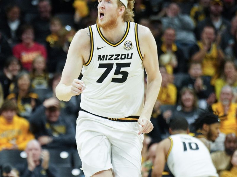 Dec 3, 2023; Columbia, Missouri, USA; Missouri Tigers center Connor Vanover (75) celebrates after a score against the Wichita State Shockers during the first half at Mizzou Arena. Mandatory Credit: Denny Medley-USA TODAY Sports