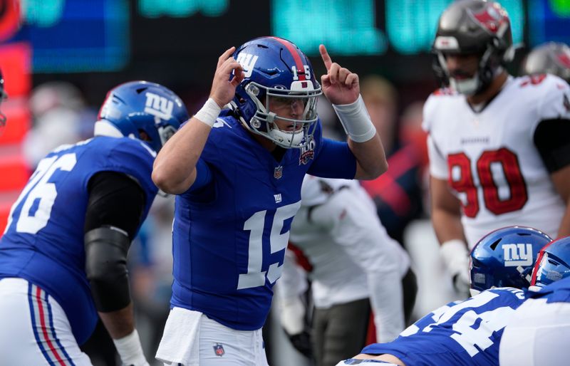 New York Giants quarterback Tommy DeVito (15) calls a play against the Tampa Bay Buccaneers during the first half of an NFL football game Sunday, Nov. 24, 2024, in East Rutherford, N.J. (AP Photo/Seth Wenig)