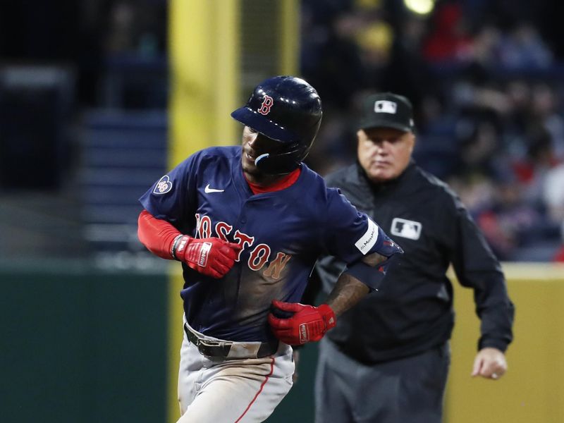 Apr 19, 2024; Pittsburgh, Pennsylvania, USA;  Boston Red Sox shortstop Ceddanne Rafaela (43) circles the bases on a solo home run against Pittsburgh Pirates relief pitcher Roansy Contreras (59) during the sixth inning at PNC Park. Mandatory Credit: Charles LeClaire-USA TODAY Sports