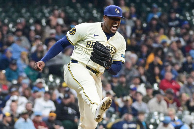 Apr 7, 2024; Milwaukee, Wisconsin, USA; Milwaukee Brewers pitcher Thyago Vieira (49) reacts after striking out Seattle Mariners designated hitter Mitch Garver (not pictured) in the eighth inning at American Family Field. Mandatory Credit: Benny Sieu-USA TODAY Sports