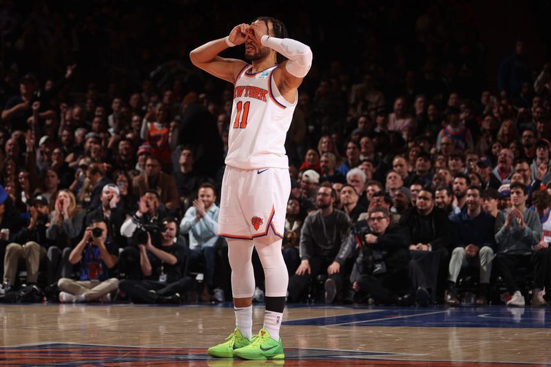 NEW YORK, NY - JANUARY 18: Jalen Brunson #11 of the New York Knicks celebrates against the Washington Wizards on January 18, 2024 at Madison Square Garden in New York City, New York. NOTE TO USER: User expressly acknowledges and agrees that, by downloading and or using this photograph, User is consenting to the terms and conditions of the Getty Images License Agreement. Mandatory Copyright Notice: Copyright 2024 NBAE  (Photo by Nathaniel S. Butler/NBAE via Getty Images)