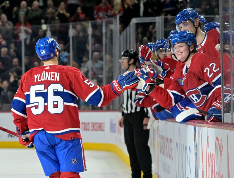 Nov 16, 2023; Montreal, Quebec, CAN; Montreal Canadiens forward Jesse Ylonen (56) celebrates with teammates after scoring a goal against the Vegas Golden Knights during the second period at the Bell Centre. Mandatory Credit: Eric Bolte-USA TODAY Sports