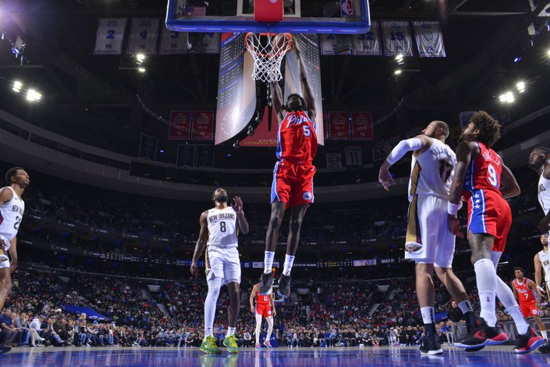 PHILADELPHIA, PA - MARCH 8: Mo Bamba #5 of the Philadelphia 76ers dunks the ball during the game against the New Orleans Pelicans on March 8, 2024 at the Wells Fargo Center in Philadelphia, Pennsylvania NOTE TO USER: User expressly acknowledges and agrees that, by downloading and/or using this Photograph, user is consenting to the terms and conditions of the Getty Images License Agreement. Mandatory Copyright Notice: Copyright 2024 NBAE (Photo by Jesse D. Garrabrant/NBAE via Getty Images)