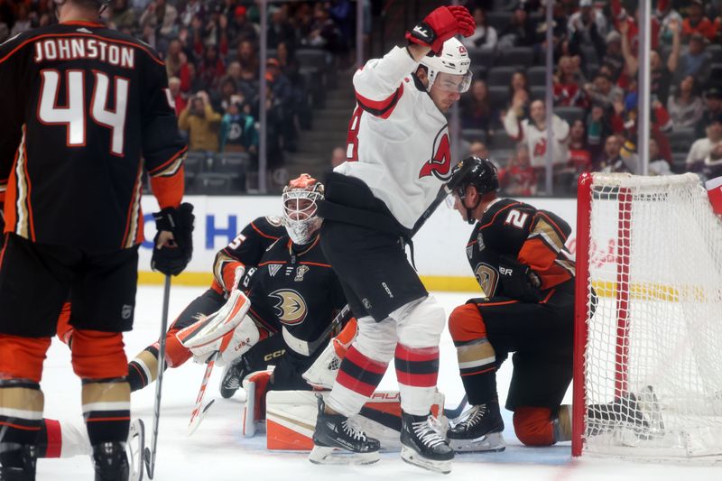 Mar 1, 2024; Anaheim, California, USA; New Jersey Devils right wing Timo Meier (28) celebrates after scoring a goal against Anaheim Ducks goaltender Lukas Dostal (1) during the first period at Honda Center. Mandatory Credit: Kiyoshi Mio-USA TODAY Sports