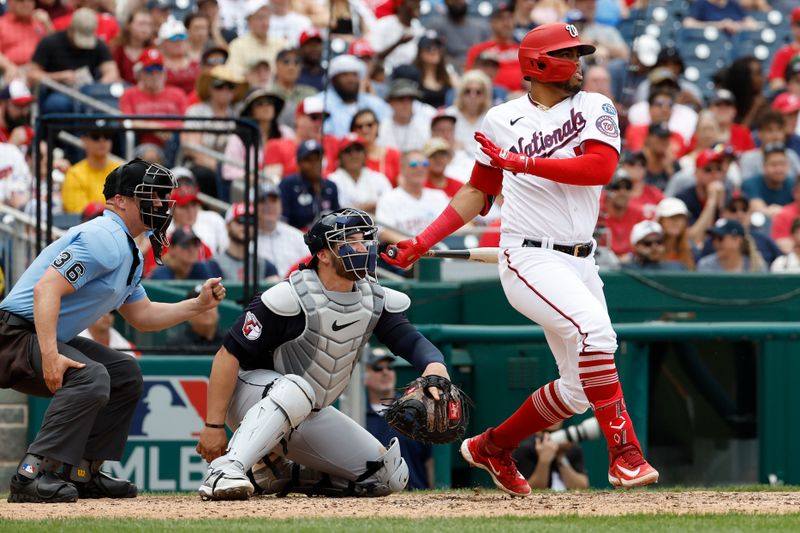 Apr 16, 2023; Washington, District of Columbia, USA; Washington Nationals second baseman Luis Garcia (2) hits a two run home run against the Cleveland Guardians during the seventh inning  at Nationals Park. Mandatory Credit: Geoff Burke-USA TODAY Sports