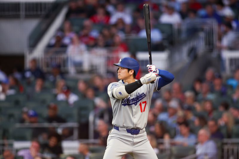 May 2, 2025; Atlanta, Georgia, USA; Los Angeles Dodgers designated hitter Shohei Ohtani (17) in the on deck circle against the Atlanta Braves in the fifth inning at Truist Park. Mandatory Credit: Brett Davis-Imagn Images