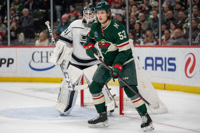 Feb 21, 2023; Saint Paul, Minnesota, USA; Minnesota Wild left wing Adam Beckman (53) screens Los Angeles Kings goaltender Pheonix Copley (29), looking for a deflection in the second period at Xcel Energy Center. Mandatory Credit: Matt Blewett-USA TODAY Sports