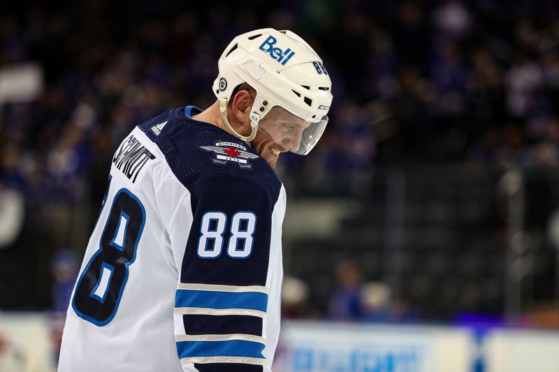 Mar 19, 2024; New York, New York, USA; Winnipeg Jets defenseman Nate Schmidt (88) smiles during warmups before the first period against the New York Rangers at Madison Square Garden. Mandatory Credit: Danny Wild-USA TODAY Sports