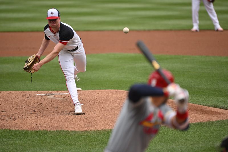 Jul 7, 2024; Washington, District of Columbia, USA; Washington Nationals starting pitcher DJ Herz (74) throws a pitch against the St. Louis Cardinals during the first inning at Nationals Park. Mandatory Credit: Rafael Suanes-USA TODAY Sports