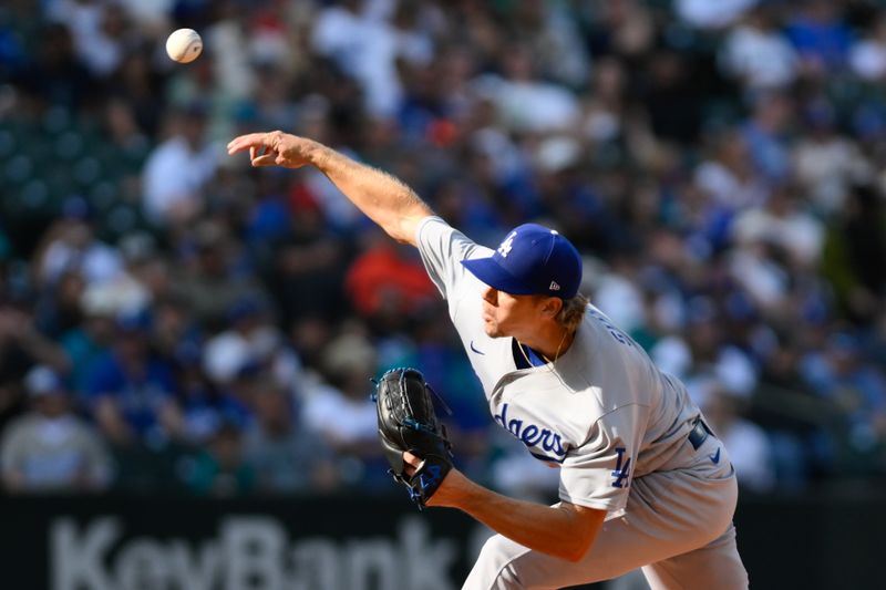 Sep 17, 2023; Seattle, Washington, USA; Los Angeles Dodgers relief pitcher Gavin Stone (71) pitches to the Seattle Mariners during the ninth inning at T-Mobile Park. Mandatory Credit: Steven Bisig-USA TODAY Sports