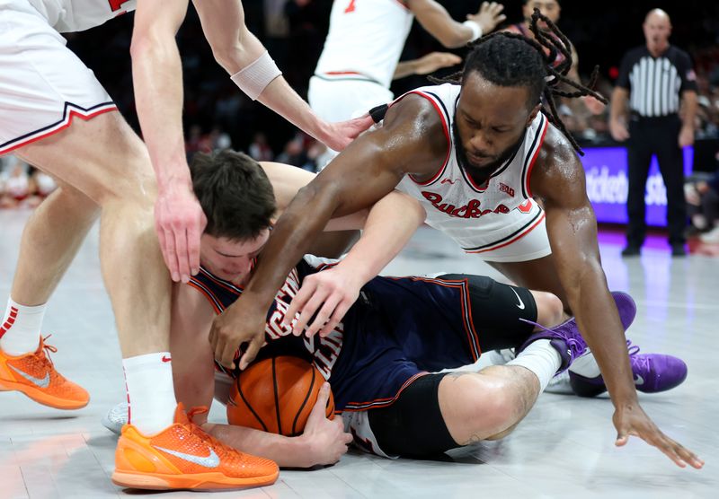 Dec 9, 2025; Columbus, Ohio, USA; Illinois Fighting Illini forward David Mirkovic (0) fights for a loose ball with Ohio State Buckeyes guard Bruce Thornton (2) during the first half Value City Arena. Mandatory Credit: Joseph Maiorana-Imagn Images