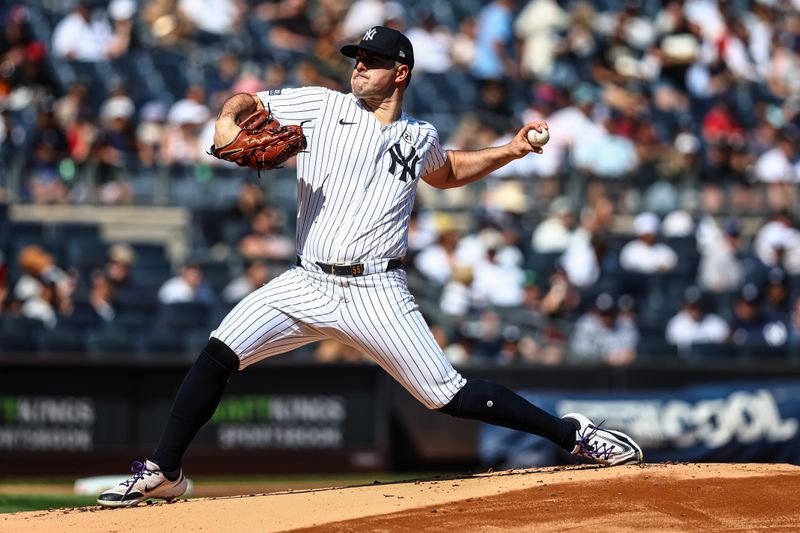 Sep 15, 2024; Bronx, New York, USA;  New York Yankees starting pitcher Carlos Rodon (55) pitches in the first inning against the Boston Red Sox at Yankee Stadium. Mandatory Credit: Wendell Cruz-Imagn Images