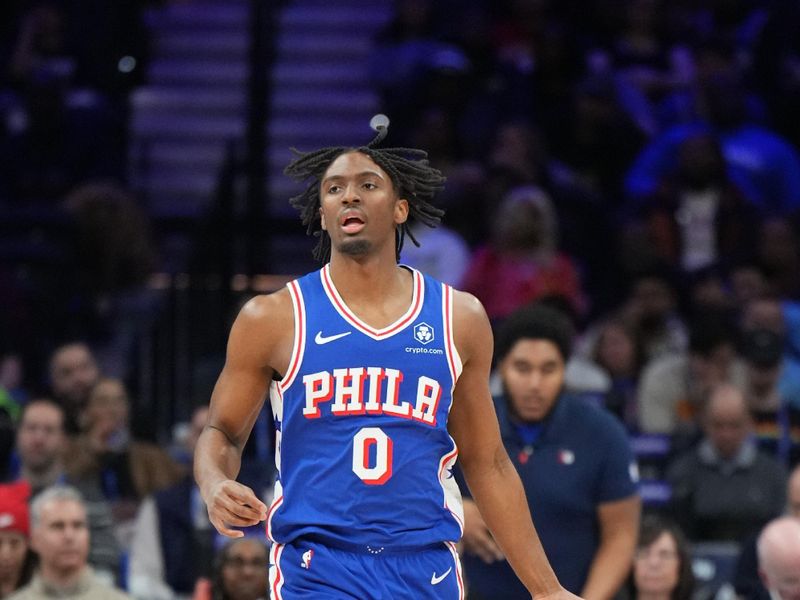 PHILADELPHIA, PA - FEBRUARY 14: Tyrese Maxey #0 of the Philadelphia 76ers dribbles the ball during the game against the Miami Heat on February 14, 2024 at the Wells Fargo Center in Philadelphia, Pennsylvania NOTE TO USER: User expressly acknowledges and agrees that, by downloading and/or using this Photograph, user is consenting to the terms and conditions of the Getty Images License Agreement. Mandatory Copyright Notice: Copyright 2024 NBAE (Photo by Jesse D. Garrabrant/NBAE via Getty Images)