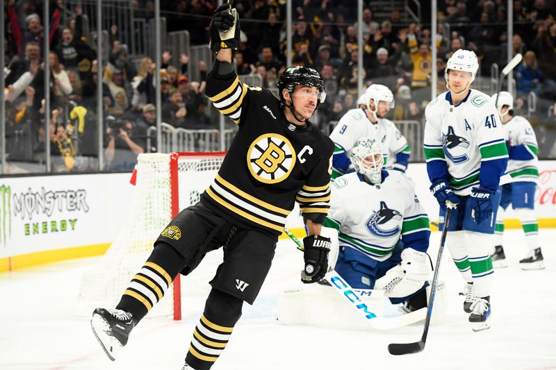 Feb 8, 2024; Boston, Massachusetts, USA; Boston Bruins left wing Brad Marchand (63) reacts after scoring a goal during the first period against the Vancouver Canucks at TD Garden. Mandatory Credit: Bob DeChiara-USA TODAY Sports