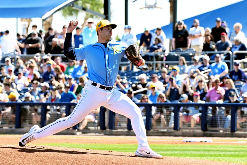 Feb 24, 2024; Port Charlotte, Florida, USA;  Tampa Bay Rays pitcher Nathan Wiles (91) throws a pitch in the first inning of a spring training game against the Atlanta Braves at Charlotte Sports Park. Mandatory Credit: Jonathan Dyer-USA TODAY Sports