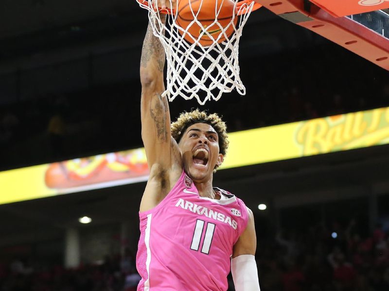 Jan 24, 2023; Fayetteville, Arkansas, USA; Arkansas Razorbacks forward Jalen Graham (11) dunks the ball against the LSU Tigers during the first half at Bud Walton Arena. Mandatory Credit: Nelson Chenault-USA TODAY Sports