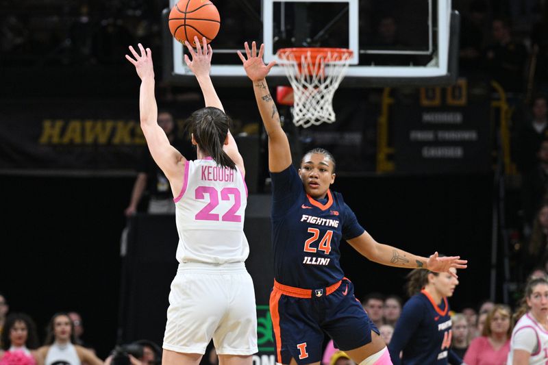 Feb 25, 2024; Iowa City, Iowa, USA; Iowa Hawkeyes guard Caitlin Clark (22) shoots the ball over Illinois Fighting Illini guard Adalia McKenzie (24) during the first quarter at Carver-Hawkeye Arena. Mandatory Credit: Jeffrey Becker-USA TODAY Sports