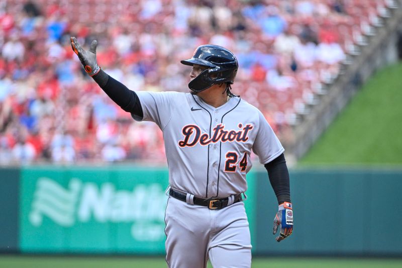 May 7, 2023; St. Louis, Missouri, USA;  Detroit Tigers designated hitter Miguel Cabrera (24) reacts after hitting a one run single against the St. Louis Cardinals during the sixth inning at Busch Stadium. Mandatory Credit: Jeff Curry-USA TODAY Sports