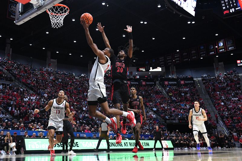 Jan 6, 2024; San Diego, California, USA; San Diego State Aztecs guard Micah Parrish (3) goes to the basket past UNLV Rebels forward Keylan Boone (20) during the second half at Viejas Arena. Mandatory Credit: Orlando Ramirez-USA TODAY Sports