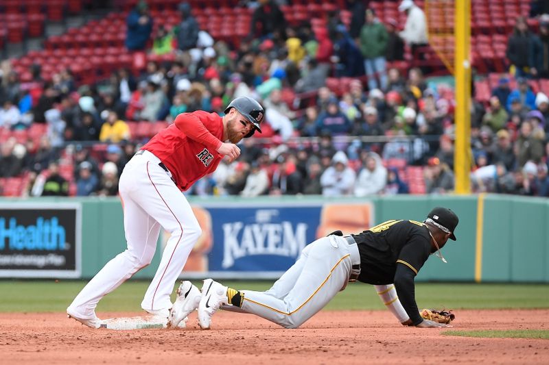 Apr 5, 2023; Boston, Massachusetts, USA; Boston Red Sox first baseman Triston Casas (36) steals second base during a game against the Pittsburgh Pirates at Fenway Park. Mandatory Credit: Eric Canha-USA TODAY Sports