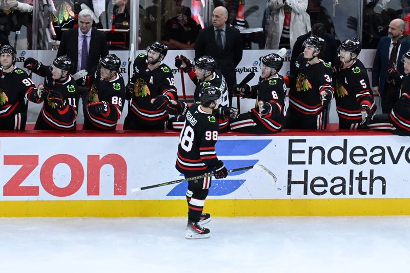 Nov 30, 2025; Chicago, Illinois, USA;  Chicago Blackhawks center Connor Bedard (98) celebrates with  teammates   after he scores a goal against the Anaheim Ducks during the third period at United Center. Mandatory Credit: Matt Marton-Imagn Images
