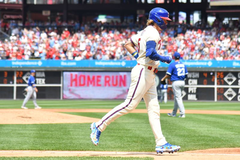 Aug 6, 2023; Philadelphia, Pennsylvania, USA; Philadelphia Phillies second baseman Bryson Stott (5) runs the bases after hitting a home run against the Kansas City Royals during the first inning at Citizens Bank Park. Mandatory Credit: Eric Hartline-USA TODAY Sports