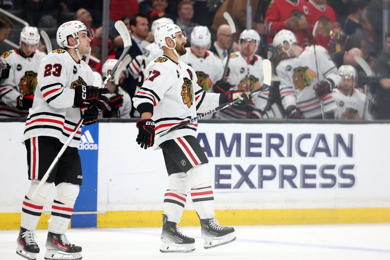 Mar 19, 2024; Los Angeles, California, USA;  Chicago Blackhawks left wing Nick Foligno (17) reacts after scoring a goal during the first period against the Los Angeles Kings at Crypto.com Arena. Mandatory Credit: Kiyoshi Mio-USA TODAY Sports