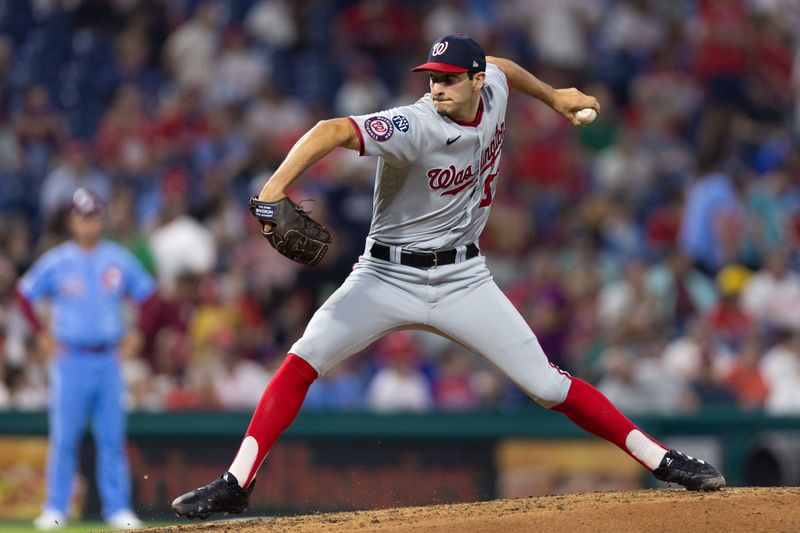 Aug 10, 2023; Philadelphia, Pennsylvania, USA; Washington Nationals relief pitcher Joe La Sorsa (53) throws a pitch during the seventh inning against the Philadelphia Phillies at Citizens Bank Park. Mandatory Credit: Bill Streicher-USA TODAY Sports