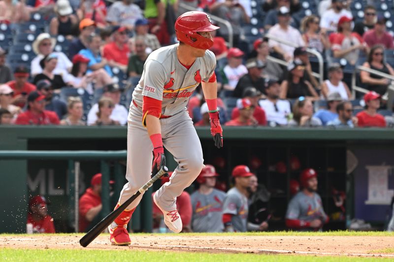 Jul 8, 2024; Washington, District of Columbia, USA; St. Louis Cardinals right fielder Lars Nootbaar (21) runs to first base after a base hit against the Washington Nationals during the fourth inning at Nationals Park. Mandatory Credit: Rafael Suanes-USA TODAY Sports