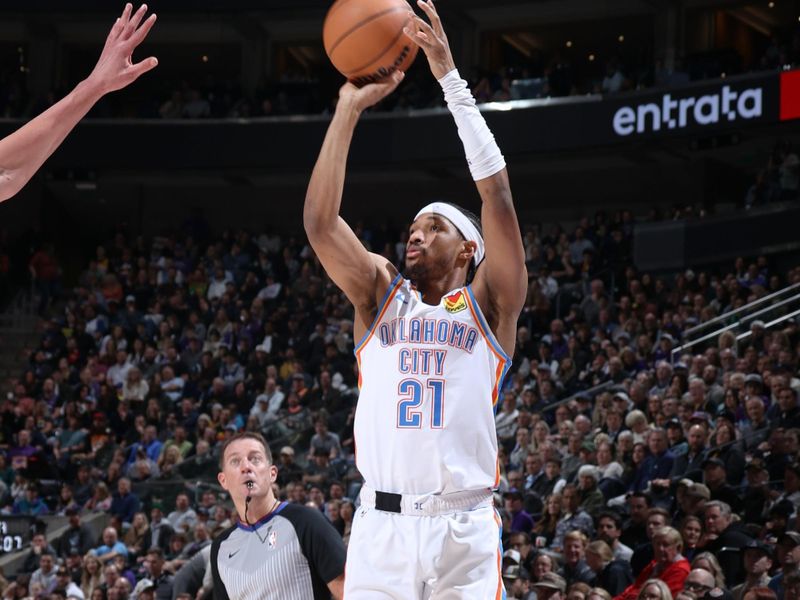 SALT LAKE CITY, UT - FEBRUARY 6: Aaron Wiggins #21 of the Oklahoma City Thunder shoots a three point basket during the game against the Utah Jazz on February 6, 2024 at Delta Center in Salt Lake City, Utah. NOTE TO USER: User expressly acknowledges and agrees that, by downloading and or using this Photograph, User is consenting to the terms and conditions of the Getty Images License Agreement. Mandatory Copyright Notice: Copyright 2024 NBAE (Photo by Melissa Majchrzak/NBAE via Getty Images)