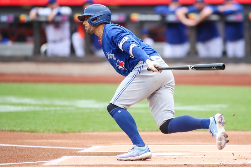 Jun 3, 2023; New York City, New York, USA;  Toronto Blue Jays right fielder George Springer (4) hits a single in the first inning against the New York Mets at Citi Field. Mandatory Credit: Wendell Cruz-USA TODAY Sports