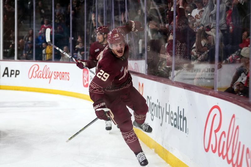 Mar 18, 2023; Tempe, Arizona, USA; Arizona Coyotes center Barrett Hayton (29) celebrates a goal against the Chicago Blackhawks during the second period at Mullett Arena. Mandatory Credit: Joe Camporeale-USA TODAY Sports