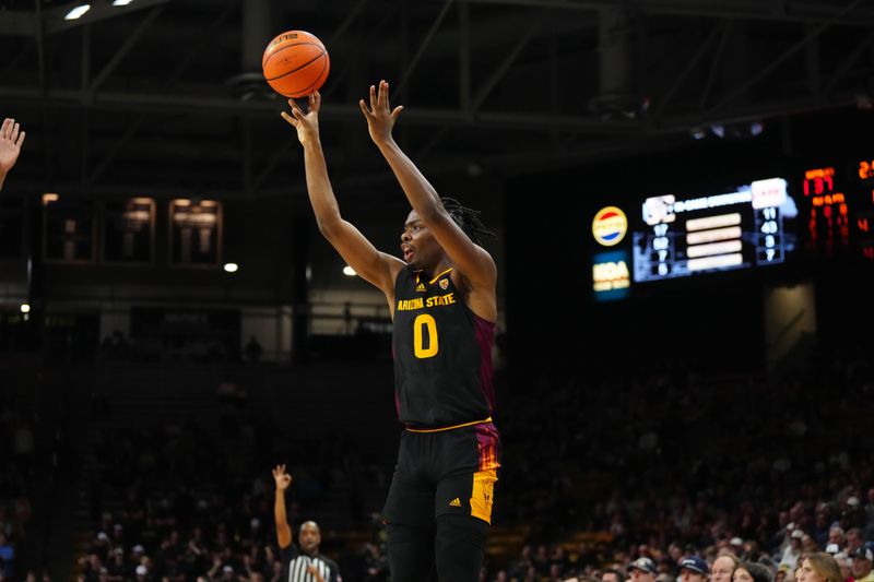 Feb 8, 2024; Boulder, Colorado, USA; Arizona State Sun Devils guard Kamari Lands (0) releases a three point basket in the first half against the Colorado Buffaloes at the CU Events Center. Mandatory Credit: Ron Chenoy-USA TODAY Sports