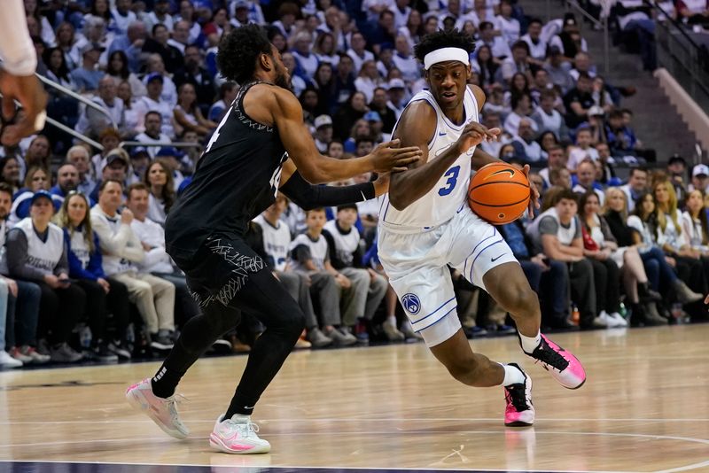 Feb 14, 2026; Provo, Utah, USA; BYU Cougars forward AJ Dybantsa (3) drives during the first half against the Colorado Buffaloes at the Marriott Center. Mandatory Credit: Aaron Baker-Imagn Images