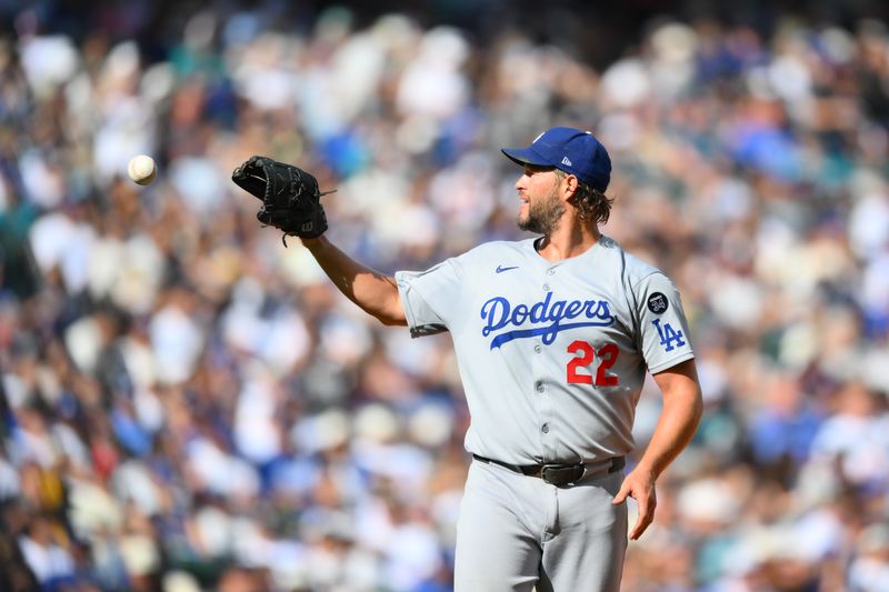 Sep 28, 2025; Seattle, Washington, USA; Los Angeles Dodgers starting pitcher Clayton Kershaw (22) during the sixth inning against the Seattle Mariners at T-Mobile Park. Mandatory Credit: Steven Bisig-Imagn Images