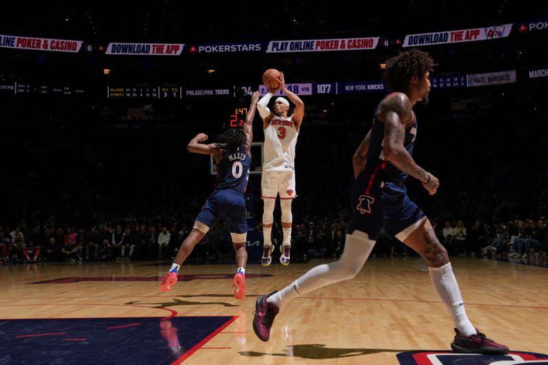 PHILADELPHIA, PA - FEBRUARY 22: Josh Hart #3 of the New York Knicks shoots a three point basket against the Philadelphia 76ers on February 22, 2024 at the Wells Fargo Center in Philadelphia, Pennsylvania NOTE TO USER: User expressly acknowledges and agrees that, by downloading and/or using this Photograph, user is consenting to the terms and conditions of the Getty Images License Agreement. Mandatory Copyright Notice: Copyright 2024 NBAE (Photo by Jesse D. Garrabrant/NBAE via Getty Images)