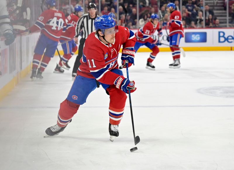 Jan 11, 2024; Montreal, Quebec, CAN; Montreal Canadiens forward Brendan Gallagher (11) plays the puck during the first period of the game against the San Jose Sharks at the Bell Centre. Mandatory Credit: Eric Bolte-USA TODAY Sports