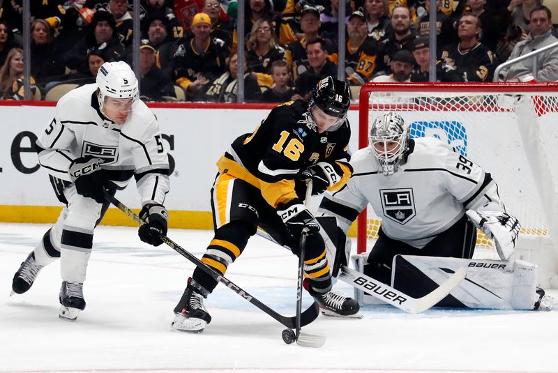 Feb 18, 2024; Pittsburgh, Pennsylvania, USA;  Los Angeles Kings defenseman Quentin Byfield (55) and goaltender Cam Talbot (39) defend Pittsburgh Penguins right wing Matthew Phillips (16) during the first period at PPG Paints Arena. Mandatory Credit: Charles LeClaire-USA TODAY Sports