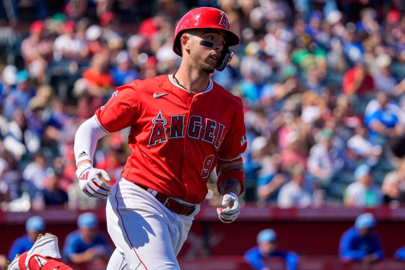 Mar 16, 2024; Tempe, Arizona, USA; Los Angeles Angels infielder Zach Neto (9) after his at bat in the third during a spring training game against the Chicago Cubs at Tempe Diablo Stadium. Mandatory Credit: Allan Henry-USA TODAY Sports