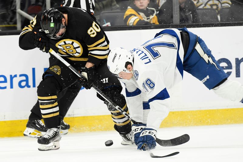 Feb 13, 2024; Boston, Massachusetts, USA;  Tampa Bay Lightning defenseman Emil Martinsen Lilleberg (78) and Boston Bruins center Anthony Richard (90) battle for the puck during the third period at TD Garden. Mandatory Credit: Bob DeChiara-USA TODAY Sports