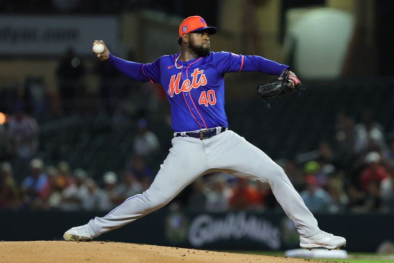 Mar 8, 2024; Jupiter, Florida, USA; New York Mets starting pitcher Luis Severino (40) delivers a pitch against the Miami Marlins during the first inning at Roger Dean Chevrolet Stadium. Mandatory Credit: Sam Navarro-USA TODAY Sports