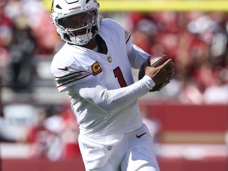 Arizona Cardinals quarterback Kyler Murray (1) runs against the San Francisco 49ers during the first half of an NFL football game in Santa Clara, Calif., Sunday, Oct. 6, 2024. (AP Photo/Jed Jacobsohn)