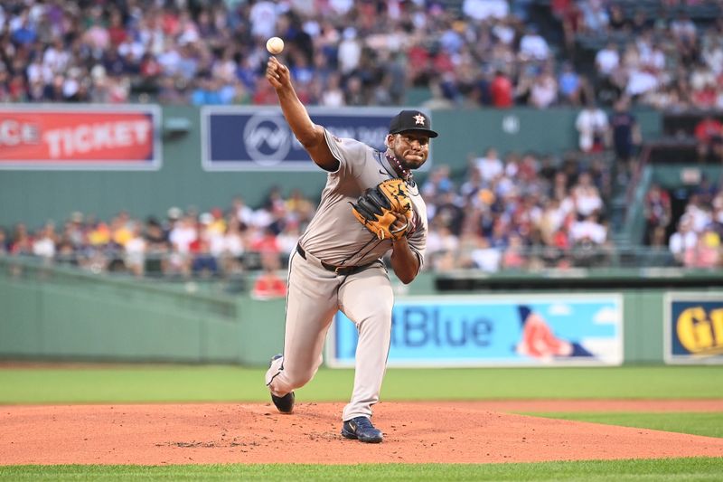 Aug 9, 2024; Boston, Massachusetts, USA; Houston Astros starting pitcher Ronel Blanco (56) pitches against the Boston Red Sox during the first inning at Fenway Park. Mandatory Credit: Eric Canha-USA TODAY Sports