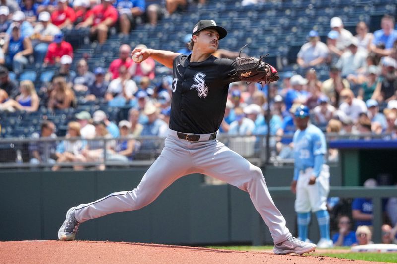 Jul 21, 2024; Kansas City, Missouri, USA; Chicago White Sox starting pitcher Drew Thorpe (33) delivers a pitch against the Kansas City Royals in the first inning at Kauffman Stadium. Mandatory Credit: Denny Medley-USA TODAY Sports