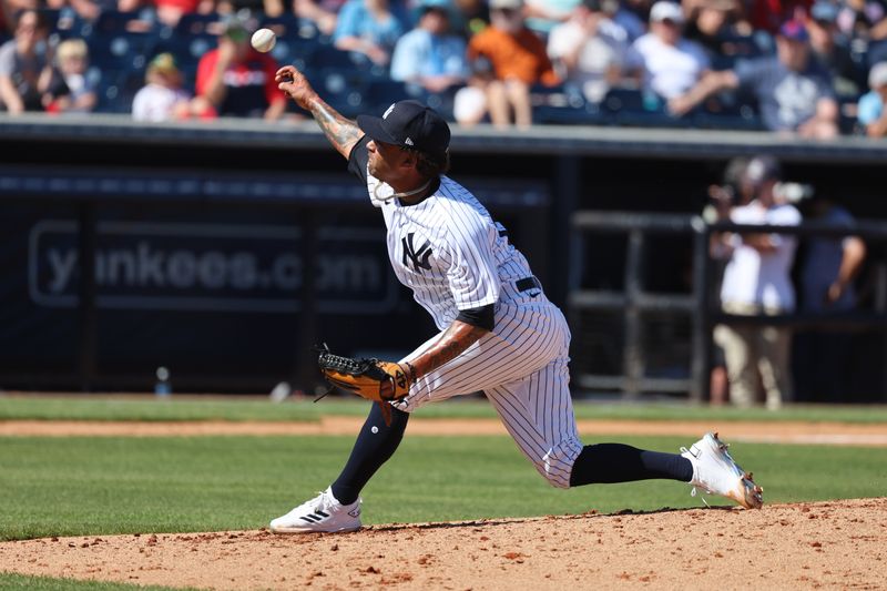 Feb 26, 2023; Tampa, Florida, USA; New York Yankees starting pitcher Deivi Garcia (83) throws a pitch during the fourth inning against the Atlanta Braves at George M. Steinbrenner Field. Mandatory Credit: Kim Klement-USA TODAY Sports